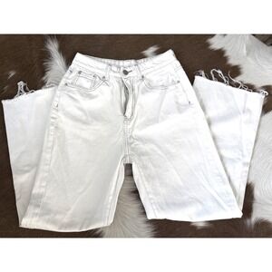 White High Waisted Wide Leg Raw Hem Denim Jeans Size S Contrast Stitch